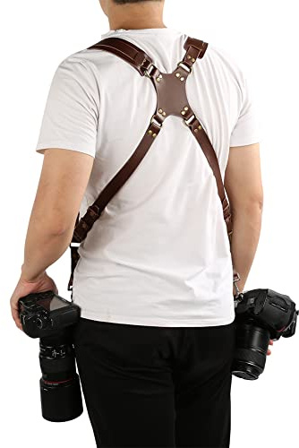 Gugxiom Double Camera Strap,Camera Shoulder Strap for Two Cameras,Adjustable Leather Double Camera Harness Brown