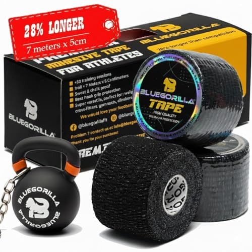 BLUEGORILLA® Tape Crossfit 5cm Elastico (Pack 3 + PORTACHIAVI) - Nastro Sportivo per Dita e Polso - Hook Grip - 5cm x 7m (nero)