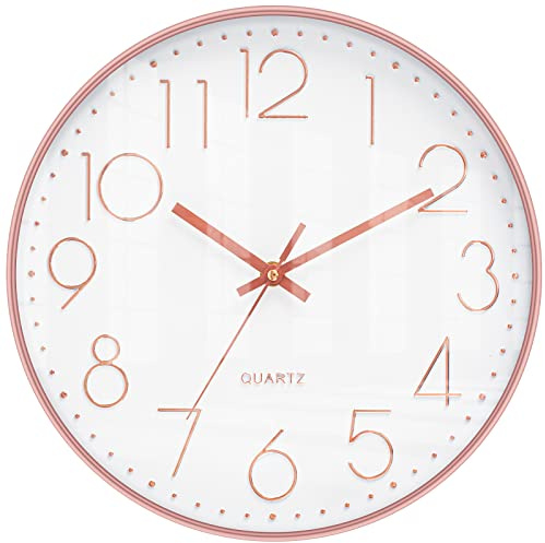 LENAUQ stille Wanduhr, 12-Zoll batteriebetriebene Nicht tickende arabische Ziffer Uhr, runde dekorative Uhr für Home Kitchen Cafe Hotel Office Decor (Weiß-Roségold)