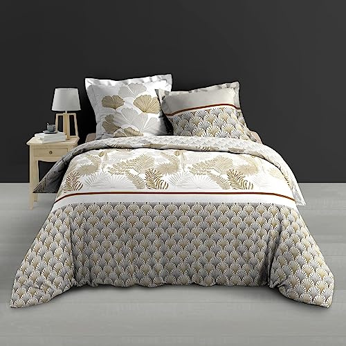 Douceur d'Intérieur, Parure de Lit 3 Pièces (260 x 240 cm) Melisse Naturel, 100% Percale de Coton