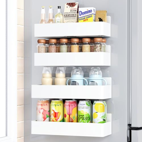 Mystozer Magnetic Spice Rack for Refrigerator, Kitchen Organizer and Storage Shelf, White (4 Pack)…