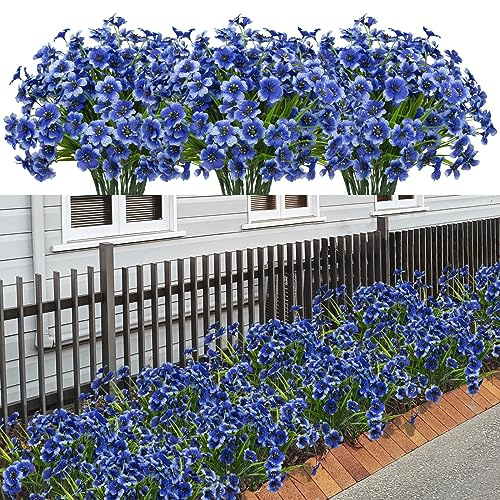 LikSoor 21 Bundles Artificial Outdoor UV Resistant Flowers No Fade Fake Outside Flowers Plastic Greenery Faux Shrubs Garden Porch Window Box Home Decoration(Blue)