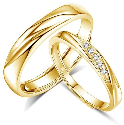 Josfeva Damen & Herren Paar Ringe Partnerringe 925 Sterling Silber Offen Gold Verstellbare Versprechen Verlobungsring Hochzeitsring Band Ring mit Weiß Zirkonia Geschenk für Frau Mann Freundin Freund