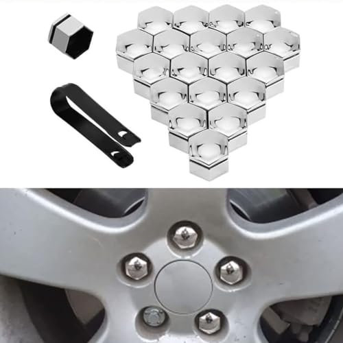 OMPTON 20 Stück Auto Radmutternkappen für Fo-rd Fiesta Fusion, Sechseckige Mutternabdeckungen Radschrauben Anti Rost Schutz Zubehör,B/Silver-21mm