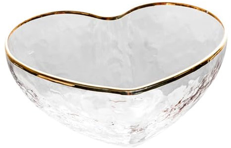 LIFKOME Heart Shaped Glass Salad Bowl Medium Size Gold Rim, Hammered Texture Fruit Serving Bowl for Dinnerware and Desserts