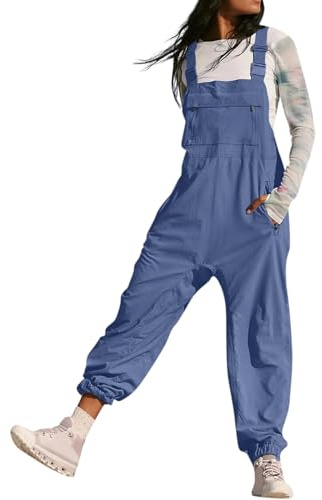 BRONG Latzhose Damen Arbeitshose Weites Bein Jumpsuit Verstellbar Riemen Hose Reißverschlusstasche Lose Passform Baggy Latzhose für Frauen Lang Spielanzug Hose Blau L