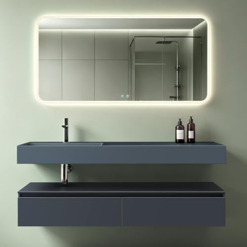 Mai & Mai Badmöbelset Waschtisch mit Unterschrank Anthrazit matt 150x48x25cm mit Soft-Close Schubladen inkl. Mineralguss-Waschbecken in matt Anthrazit und LED-Badspiegel UP