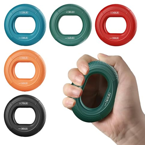 5 Stück Silikon Handtrainer Set mit 7 Widerstandsstufen, Griffkrafttrainer für Unterarmtraining, Muskeltraining und Fitness, Ideal für Sportler, Klettern, Physiotherapie und Stressabbau (20-80LB)