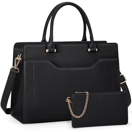 RAINSMORE Shopper Damen Groß Laptop Handtasche Damen 15.6 Zol PU Leder Arbeitstasche Lehrertasche Wasserdicht Laptoptasche mit Geldbörse für Business Büro Schule Schwarz