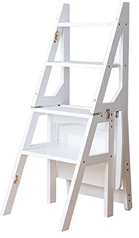 Sedia Pieghevole per libreria con scaletta, mensola Decorativa per mobili da Cucina Domestici, Sgabello in Legno, scaletta Portatile, Sedia Pieghevole con scaletta-Bianco 35x46x88.