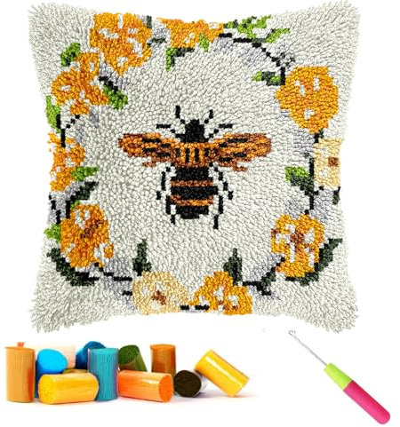 CCWORAN Bee Latch Hook Kits for Adults Beginners Cushion Craft Kits Animal Pillow Cover Making Crochet Pre Printed Canvas Wool Yarn Hobbies DIY Sofa Home Decor Women Gift 5