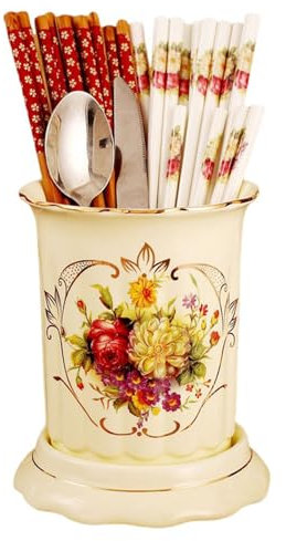 Porta Palillos de Cerámica, 6 Porta Utensilios de Porcelana Floral Vintage Organizador de Almacenaje de Cubiertos Escurre Palillos Jaula Vajilla Soporte para Cucharas y Tenedores,Amarillo,A