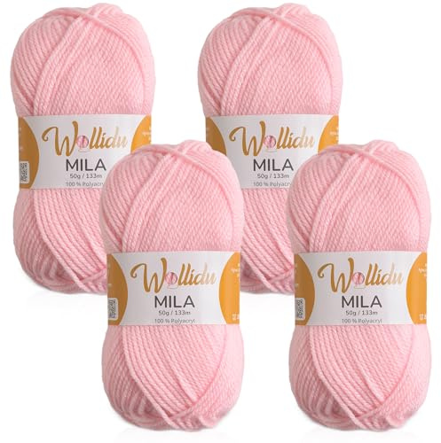 Wollidu Mila Garn zum Häkeln und Stricken 4 x 50g/133m Strickgarn 100% Polyacryl Häkelgarn Rosa