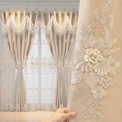 Amidoudou 1 Pair Luxury European Curtains with Wavy Valance for Living Room Bedroom Double Layer Embroidered Curtains (Beige,66 x 90 Inch)