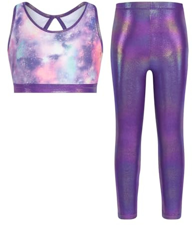 JiAmy Turnanzug Mädchen mit Hose und Haarband Set, Ärmelloser Gymnastikanzug Gymnastik Outfit mit Funkelnde Eislaufen Tanzkostüm für 8-9 Jahre