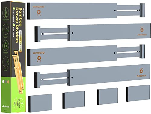 ANTOWIN Schubladentrenner Verstellbar Bambus (42.5-56.4cm), Schubladen Organizer, Gefedert, Küche, Kommode, Badezimmer, Schlafzimmer, Babyschublade, Schreibtisch Ordnungssystem (grau)