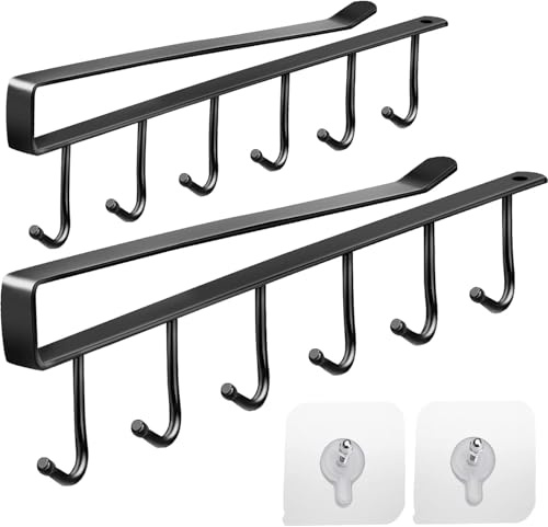 SHUNNBUY 2Pcs Cup Holder Under Cabinet 6 Hooks Shelf Cup Mug Hanger Coffee Tea Cup Under Cupboard Mug Holder Under Shelf Mug Drying Holder Cup Racks with 2 Adhesive Screws for Kitchen Cupboard