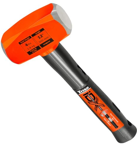 Titan iDX 63614 4lb Drilling Hammer, Sledgehammer with 12 Indestructible Handle Reinforced with Steel Locking Plates & Steel Bars, Vulcanized Rubber Grip, Overstrike Protection