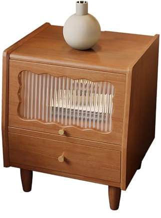 Mesita de noche rústica de madera con 2 cajones de almacenamiento con puertas de ratán y cristal, ideal para la decoración del dormitorio (color madera de cerezo)