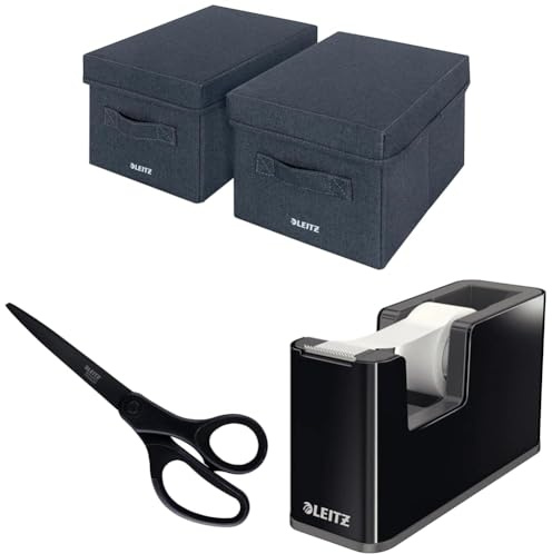 Leitz Set 2x Aufbewahrungsbox mit Deckel aus Stoff Klein + Schere Titan Anti-Haft + Klebeband-Tischabroller, Organizer für Büro, Haushalt, Küche & Schule, Grau, 61460089 + 54206095 + 53640095