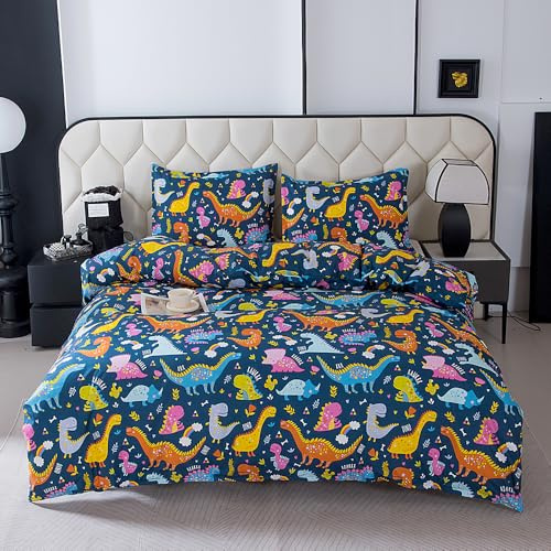 NATURETY Floral Printed Duvet Cover and Pillowcase Set,Soft Cartoon Dinosaur Printed Microfiber Comforter Cover with Corner Ties. (Navy Blue Dino, Queen (U.S. Standard))