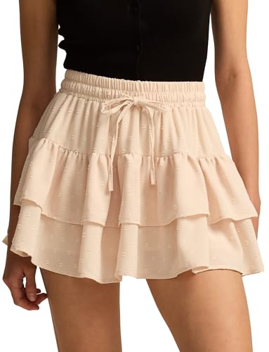 Ausing Minigonna da donna con volant, morbida gonna estiva elasticizzata in vita, lunghezza sopra il ginocchio, pantaloncini con coulisse, comoda gonna casual a strati S-XL, Beige, L