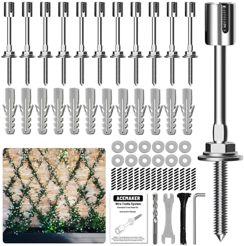 Acemaker Set di 12 graticci per piante rampicanti all'aperto, kit di tralicci da parete per funi metalliche da 2 mm, sistema a spalliera T316 per progetti fai da te di recinzione e giardino (solo