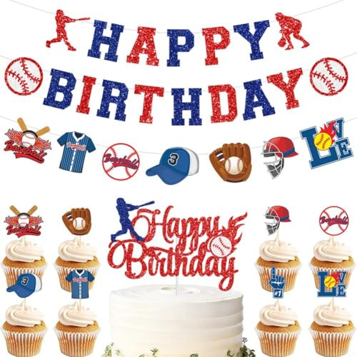 Suministros de fiesta de cumpleaños de béisbol, pancarta de feliz cumpleaños para niños con 3 pancartas y decoraciones de pasteles