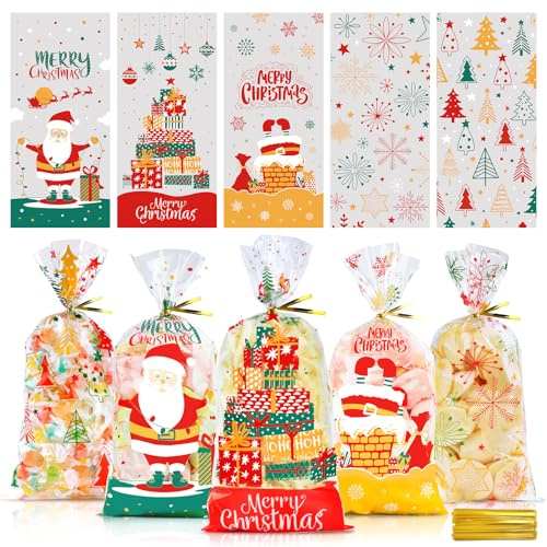 Vexyra Cellophantüten Weihnachten 100 Stück, Plätzchentüten, Weihnachtstüten zum Befüllen,Gebäcktüten, Zellophantüten, Durchsichtige Tüten für Kekse Süßigkeiten Pralinen Candy Verpackung Geschenktüten