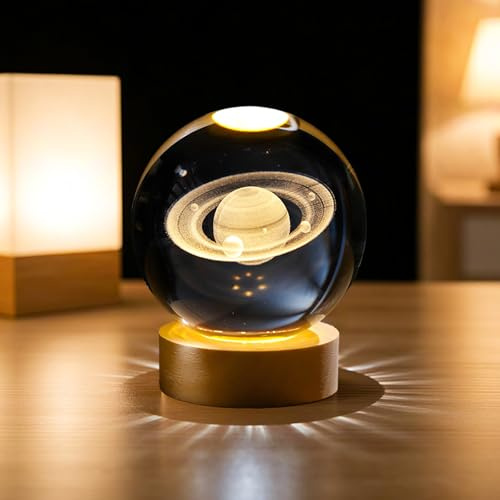 AMFUN Sfera di Cristallo del Sistema Solare 3D, Lampada Notturna a Sfera con Base a LED, Inciso in 3D Luce Notturna, Decorazione in Cristallo Regali per bambini