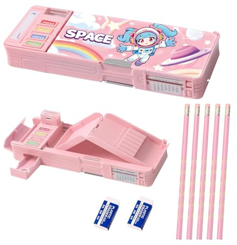 LilyBeauty Pop-Up-Multifunktions-Federmäppchen für Mädchen und Jungen, mit 5 Bleistiften, 2 Radiergummis, 1 Spitzer und einem Zeitplan, niedliche Cartoon-Stiftbox, Organizer, Schreibwaren, beste