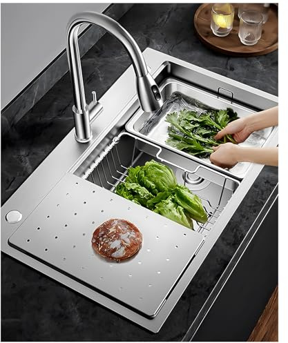 Lavello da cucina in acciaio inox con gocciolatoio, design a vasca singola grande (60 x 50 x 22 cm), include tubo di scarico e tagliere, ideale per lavastoviglie ed elegante
