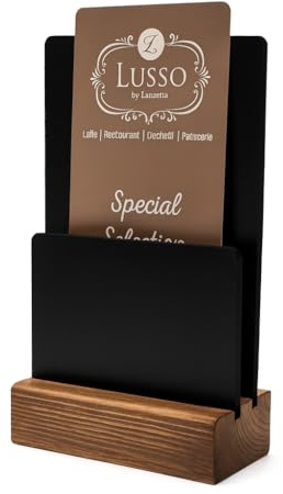 Tabletop Menu Holder | Double-Sided Chalkboard Sign for Cafe, Restaurant, Bar | Countertop Display Stand with 10mm Menu Slot | Wooden Base & Easy-Clean Boards | Table Number, Specials