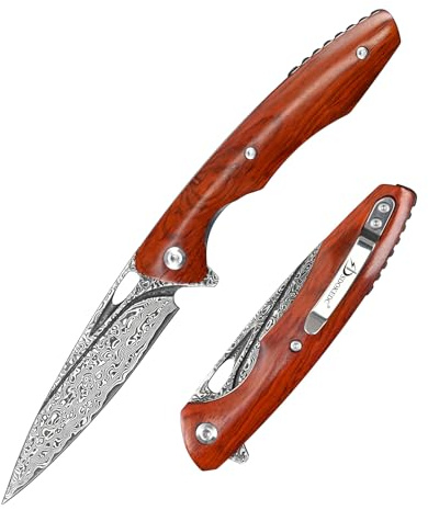 SDOKEDC Damast Taschenmesser mit Clip, Damastmesser Klappmesser Holzgriff, Scharfes EDC Survival Messer für Männer, Camping Angeln Bushcraft Rettungsmesser