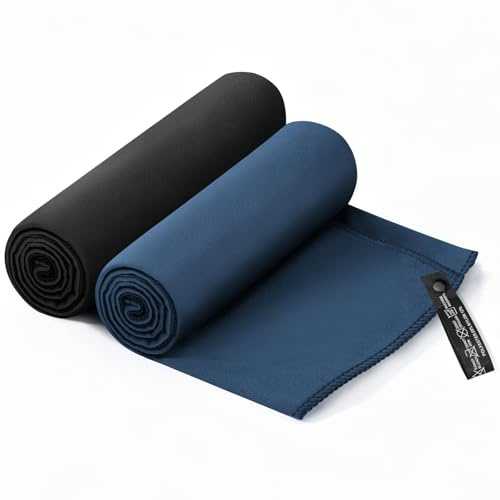 Mikrofaser Handtuch 2er Set(60x120cm): Kompakte Microfaser Handtücher, Schnelltrocknend & Leicht Sporthandtuch, ideal als Badetuch, Strandtuch, Fitnessstudio, Reisehandtuch (Marineblau + Schwarz)