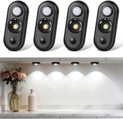 YAMAWIROU LED Puck Leuchten mit Bewegungsmelder, wiederaufladbare Unterbauleuchte, dimmbar tageslichtweiß, mit Magnetbefestigung, kabellose Schrankbeleuchtung für Schublade, Küche (4er-Pack