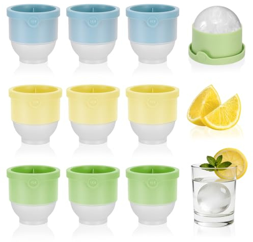 Hejo 9 Stück Eiskugelform Groß, 6cm Silikon Eiswürfelform Rund, Wiederverwendbare Eiswürfelform Kugel für Whisky, Kaffee, Getränke und Cocktails, Leicht zu lösende Form(Blau, Gelb, Grün)