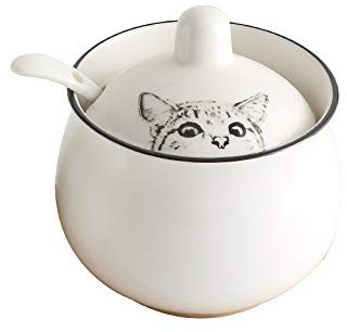 Ceramics Zuccheriera salata 7,4 Fl Oz Condimento Pentole con Coperchio e Cucchiaio Modello Gatto Bianco
