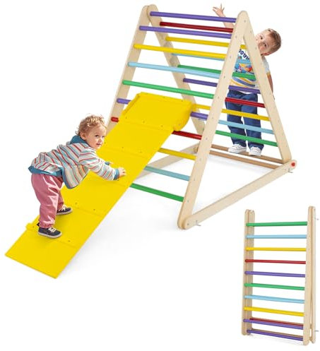 DREAMADE Echelle d’Escalade Triangle Pliable pour Enfants 3+ Ans, Mur d'escalade Pliant en Bois pour s'entraîner à Grimper et à saisir, 122x71x110 CM (Coloré)