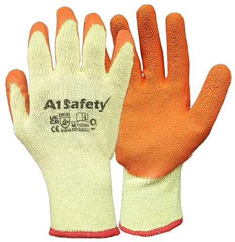 A1SAFETY 24 Pairs Yellow/Orange Latex Coated Rubber Work Gloves Mens Womens Gardening Safety Gloves Ideal for Builders, Scaffolding Work, Gardenr, Mechanic, Construction, Warehouse (Medium)