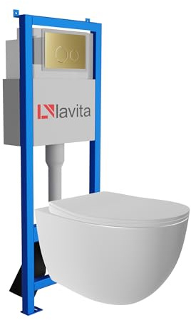 Lavita LAV 101 LAV 200.4.5 - Elemento de pared para inodoro de 40 cm + lavabo profundo para inodoro Mondo blanco sin borde + placa de control LAV 200.4.5 oro | juego completo | cisterna empotrada |