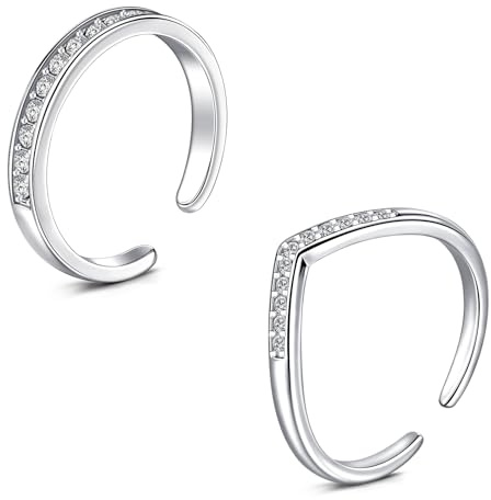 WillTen 2Pcs Bague d'orteil en argent en acier inoxydable réglable Bend Open Toe Ring, Bague d'orteil, de doigt et de queue en CZ pour les femmes et les hommes