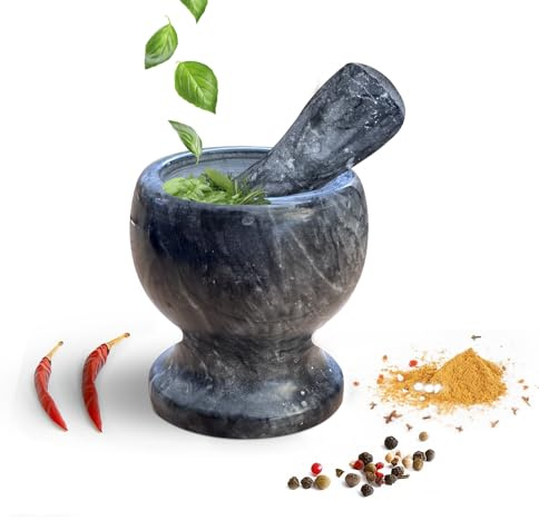 DC Voltage Traditional Pestle Mortar Set Large Capacity Marble Stone Bowl and Grinder Hand Crusher for Grinding Spices Powder Pesto Mashing Herbs Pills Crushing, Black Polished Finish, Round, 13.5 cm