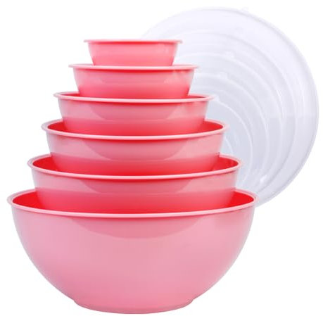 BoxedHome Rosa Rührschüsseln Set mit Deckel, Wiederverwendbare Rührschüssel, 12er-pack Mixing Bowl, Kunststoff Salatschüssel Stapelbar Servierschalen für Küche (6 Schüsseln und 6 Deckel)