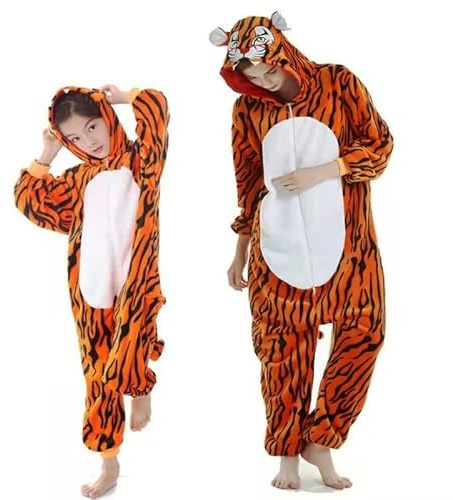 korifejus Erwachsenen Rollenspiel Einteiler – Plüsch Tierkostüm Jumpsuit für Karneval, Halloween und gemütliche Nächte (M, Tiger)
