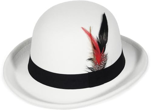EOZY Bowler per Gli Uomini Donne Derby Vintage Fedora Cappello Roll Crepes Pen Costume di Festa Rimovibile,Bianco,57