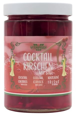 VITAVEGGY Cocktail Kirschen mit Stiel 615g entkernt, für Cocktails & Mocktails, Cherry Mule, Daiquiri & Shirley Temple, für Kuchen, Torten, Waffeln Cupcakes & Muffins, in Italien hergestellt (1)