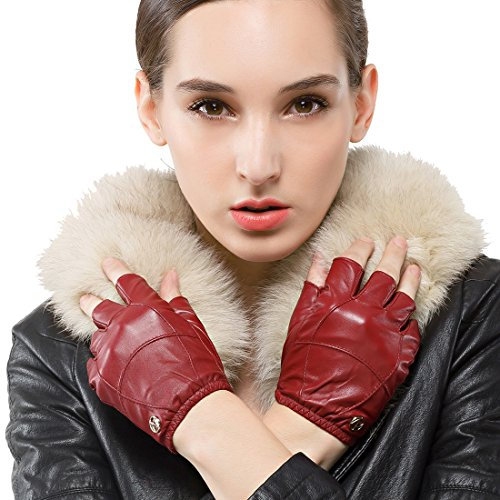 Nappaglo Damen Lederhandschuhe für fahren Halbfinger fingerlose Lammfell Leder Fitness Outdoor kurz ungefüttert Handschuhe (S (Umfang der Handfläche:16.5-17.8cm), Winerote)