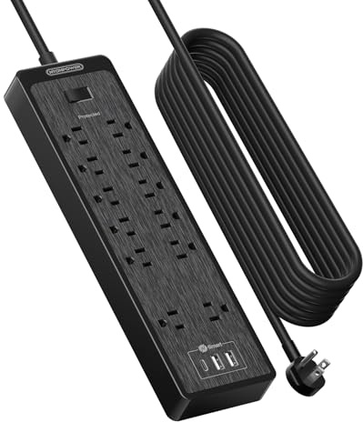 NTONPOWER 25 Ft Extension Cord Flat Plug, 12 Outlets(2 Widely Space) 3 USB with 2100J Surge Protector Power Strip, Overload Protection, 1875W/15A, Wall Mount for Home Office, Workbench or Garage,Black