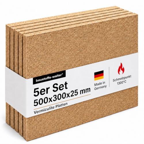 Vermiculite Platten für Kaminofen und Feuerraum, bis 1300 °C, leicht zuschneidbar 500 x 300 mm (5 Platten, 25mm Stärke)